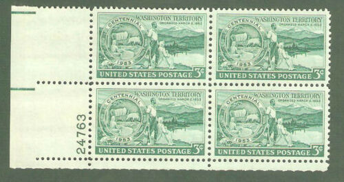 1953 Washington Territory Plate Block of 4 3c Postage Stamps - MNH, OG - Scott 1019