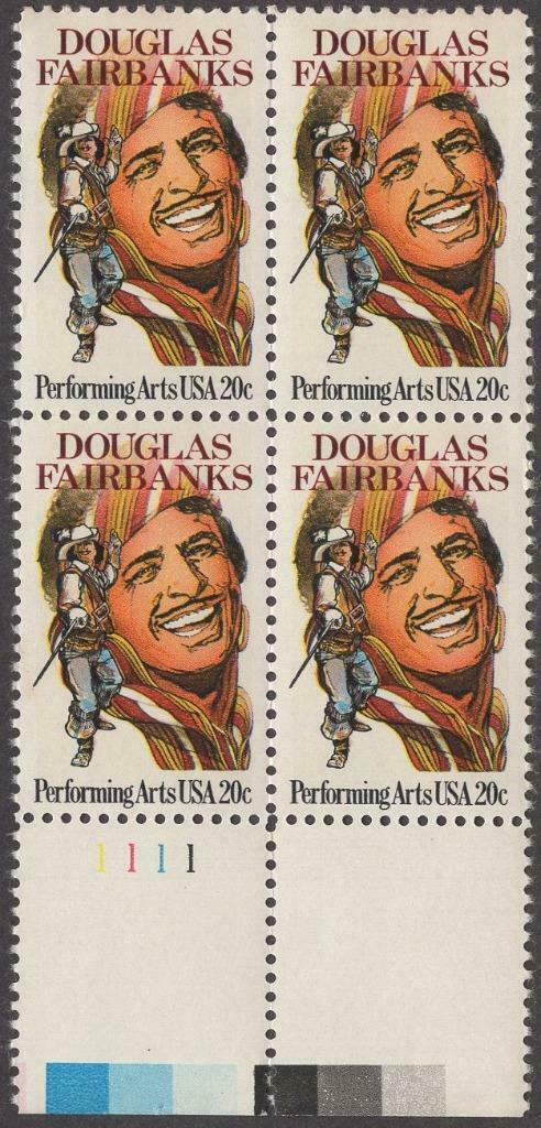 1984 Douglass Fairbanks Performing Arts Block of 4 20c Postage Stamps - MNH, OG - Sc# 2088