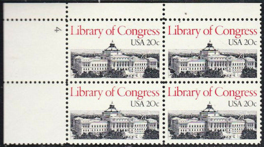 1982 Library Of Congress Plate Block Of 4 20c Postage Stamps Scott 2004 - MNH - CW463b