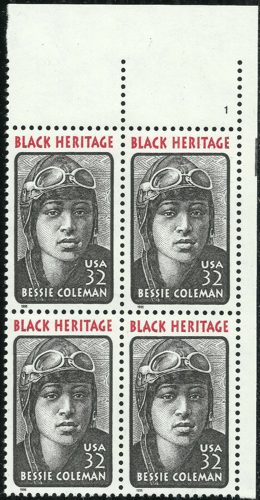 1995 Bessie Coleman Black Heritage Plate Block Of 4 32c Postage Stamps - Scott 2956 - MNH - CX816a