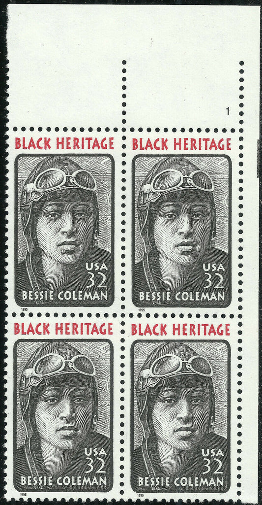 1995 Bessie Coleman Black Heritage Plate Block Of 4 32c Postage Stamps - Scott 2956 - MNH - CX816a