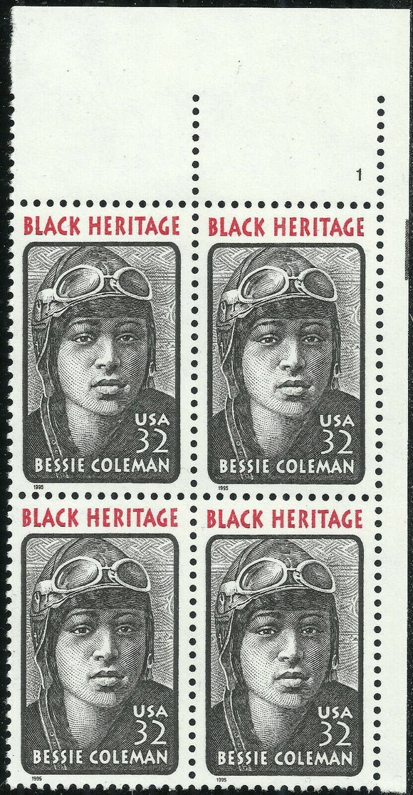 1995 Bessie Coleman Black Heritage Plate Block Of 4 32c Postage Stamps - Sc# 2956 - MNH - CX816a