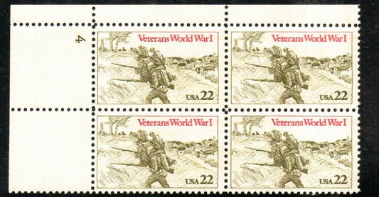 1985 Veterans World War I Plate Block of 4 22c Postage Stamps - MNH, OG - Scott 2154