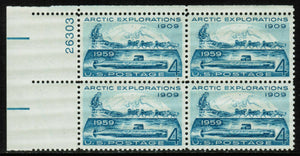 1959 Arctic Explorations Plate Block of 4 4c Postage Stamps - Sc# - 1128 - MNH, OG - CX689