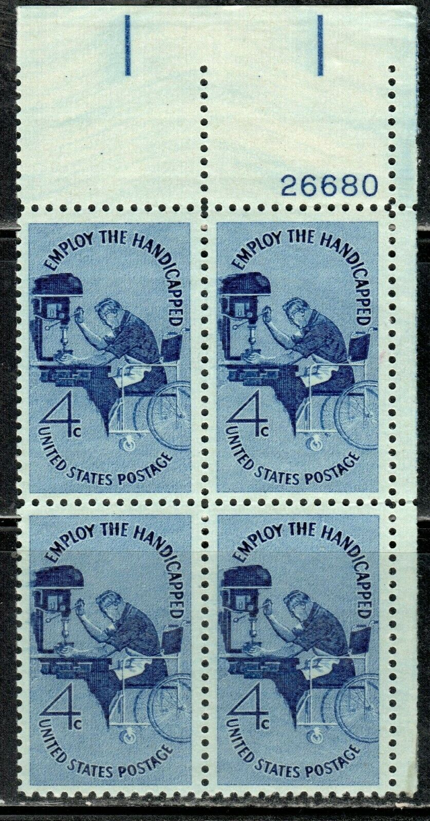 1960 Employ The Handicapped Plate Block of 4 4c Postage Stamps - MNH, OG - Scott 1155