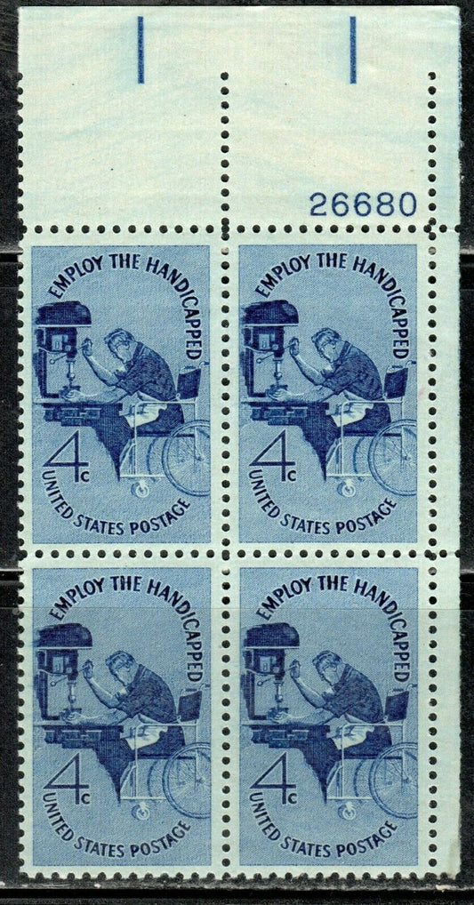 1960 Employ The Handicapped Plate Block of 4 4c Postage Stamps - MNH, OG - Scott 1155
