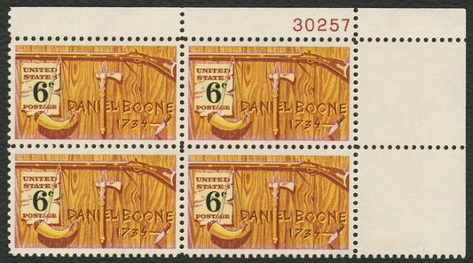 1968 Daniel Boone Plate Block of 4 6c Postage Stamps - MNH, OG - Scott 1357