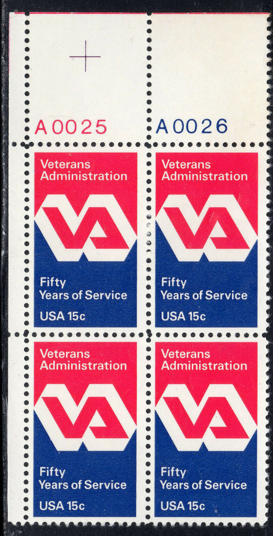 1980 Veterans Administration Plate Block Of 4 15c Postage Stamps - Scott 1825 - MNH, OG - CW18a