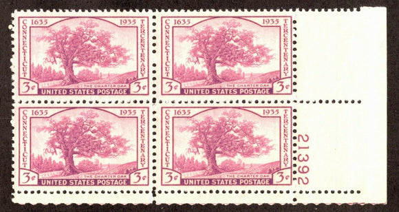 1935 Connecticut Statehood Plate Block of 4 3c Postage Stamps - MNH, OG - Sc# 772