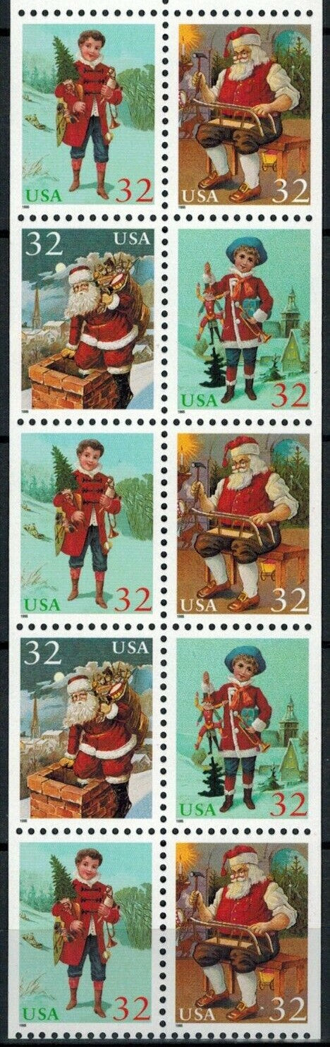 1995 Christmas Santa & Children Booklet Pane of 10 32c Postage Stamps - MNH, OG - Scott 3007b