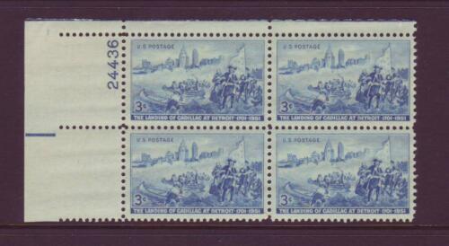 1951 Landing Of Cadillac At Detroit Plate Block of 4 3c Postage Stamps - MNH, OG - Scott 1000