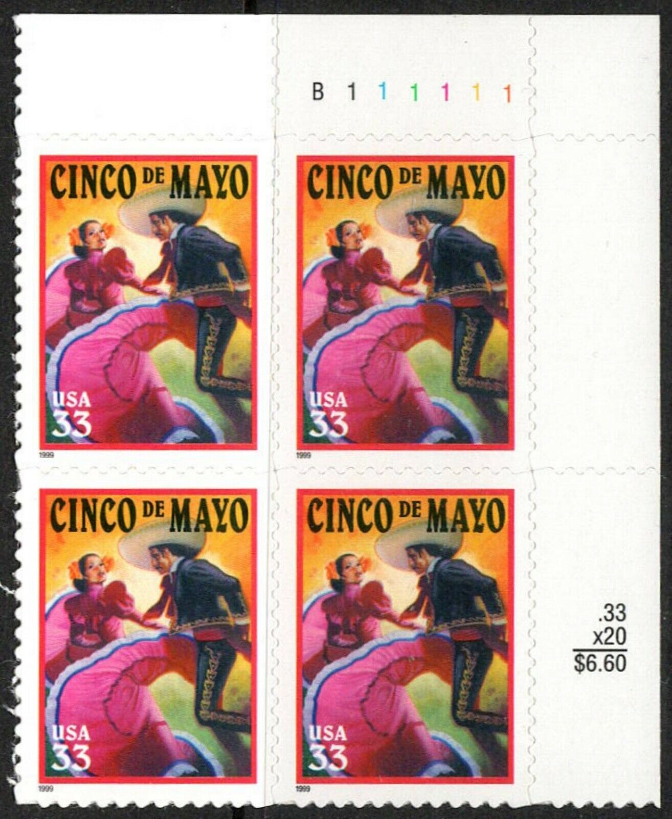 1999 Cinco De Mayo Plate Block of 4 33c Postage Stamps - Scott 3309 - MNH - CW370