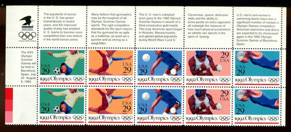 1992 Summer Olympics Block of 4 10 29c Postage Stamps - MNH, OG - Sc# 2641