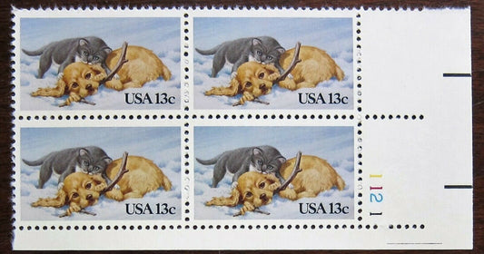 1982 Kitten & Puppy Playing Plate Block of 4 13c Postage Stamps - MNH, OG - Scott 2025