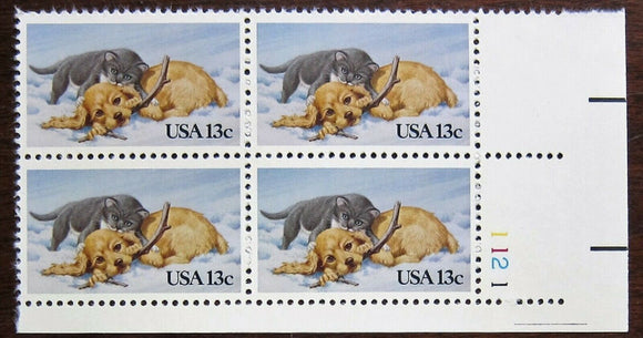 1982 Kitten & Puppy Playing Plate Block of 4 13c Postage Stamps - MNH, OG - Sc# 2025