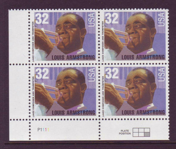 1995 Louis Armstrong Plate Block Of 4 32c Postage Stamps - MNH, OG - Scott# 2982 - DS192