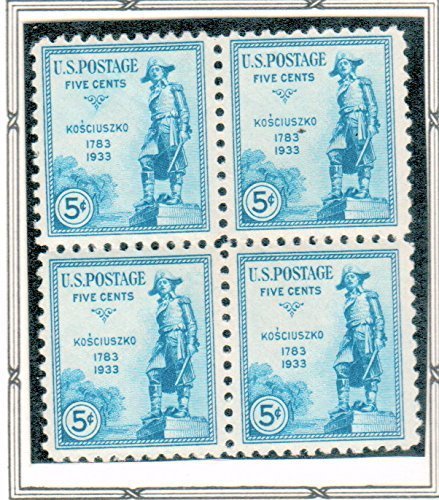 1933 Statue of Gen. Tadeusz Kosciuszko Block of 4 5c Postage Stamps - Scott734 - MNH,OG