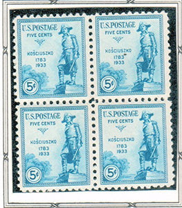 1933 Statue of Gen. Tadeusz Kosciuszko Block of 4 5c Postage Stamps - Sc#734 - MNH,OG