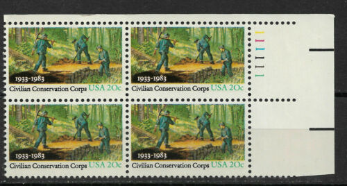 1983 Civilian Conservation Corps CCC Plate Block of 4 20c Postage Stamps - MNH, OG - Sc# 2037