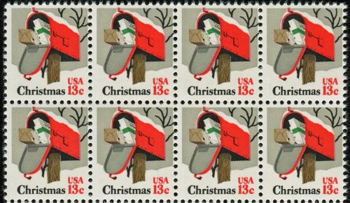 1977 Christmas Card Postage - Rural Mailbox In Snow - Block Of 8 13c Postage Stamps - Scott 1730