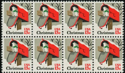 1977 Christmas Card Postage - Rural Mailbox In Snow - Block Of 8 13c Postage Stamps - Sc# 1730