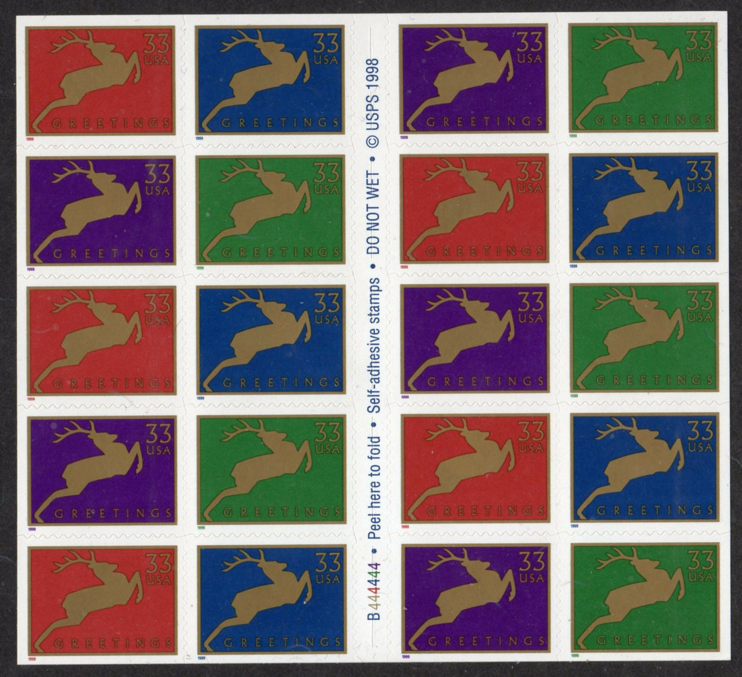 1999 Christmas Deer Booklet Of 20 33c US Postage Stamps - Scott 3363a - MNH, OG - CX22