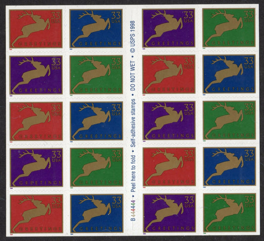 1999 Christmas Deer Booklet Of 20 33c US Postage Stamps - Scott 3363a - MNH, OG - CX22