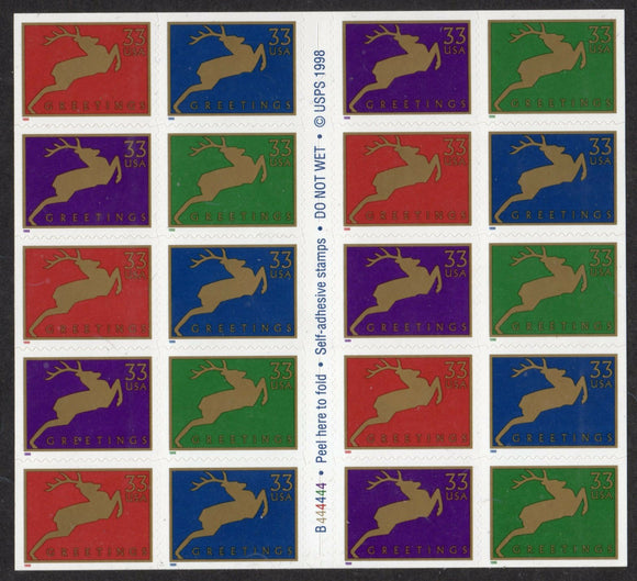 1999 Christmas Deer Booklet Of 20 33c US Postage Stamps - Sc# 3363a - MNH, OG - CX22