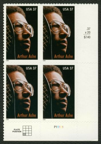 2005 - Arthur Ashe Plate Block Of 4 37c Postage Stamps - Scott 3936 - DR156