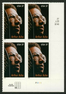2005 - Arthur Ashe Plate Block Of 4 37c Postage Stamps - Sc# 3936 - DR156