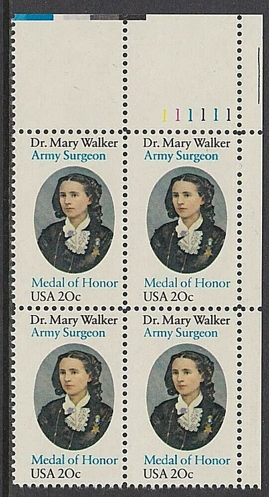 1982 Dr. Mary Walker, Army Surgeon Plate Block of 4 20c Postage Stamps - MNH, OG - Sc# 2013