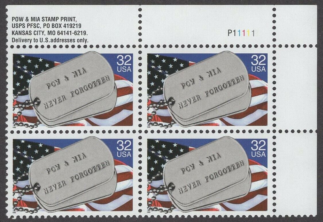1995 POW and MIA Plate Block Of 4 32c Postage Stamps Scott 2966 - MNH -DS107