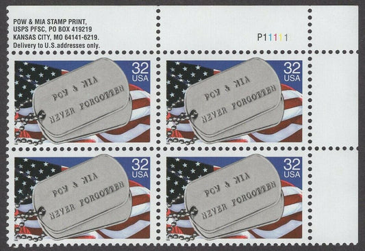1995 POW and MIA Plate Block Of 4 32c Postage Stamps Scott 2966 - MNH -DS107