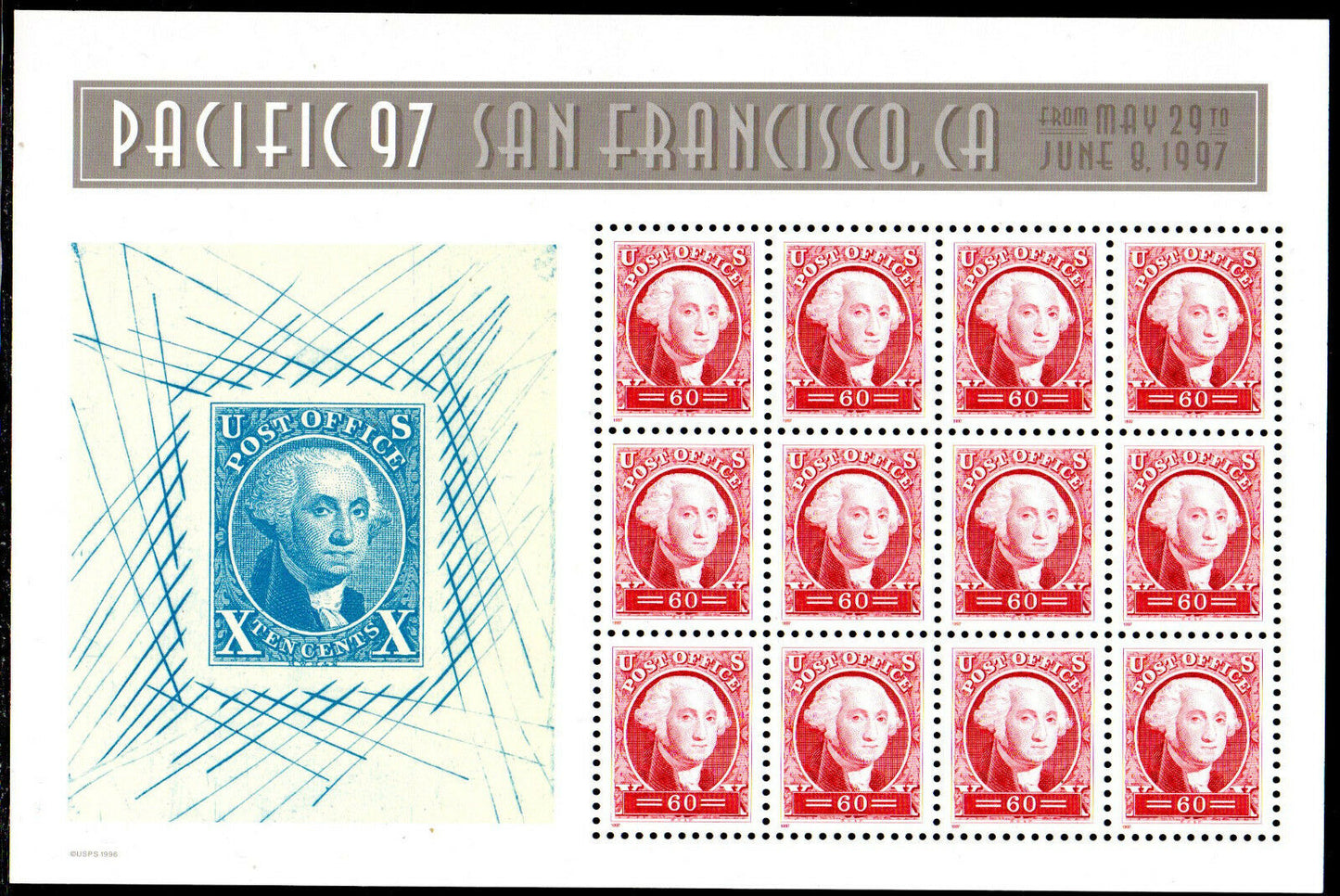 1997 Pacific 97 George Washington Replica Stamp Sheet Of 12 60c Postage Stamps MNH, OG Scott # 3140- (CW55)