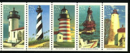 1990 Lighthouses Booklet Pane Of 5 25c Postage Stamps - MNH, OG - Scott 2470-2474 - CX411