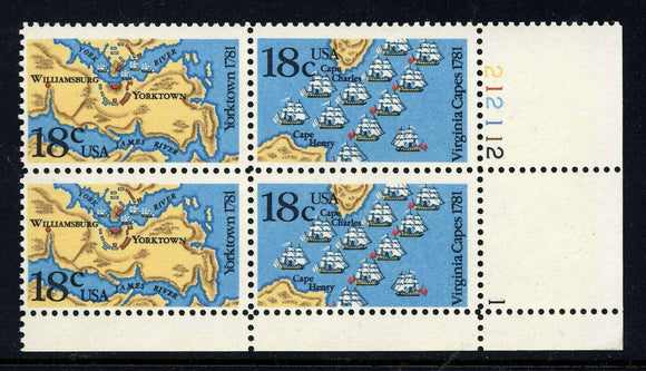 1981 Battle Of Yorktown Bicentennial Plate Block Of 4 18c Postage Stamps - Sc# 1937-1938 - MNH, OG - CW14a