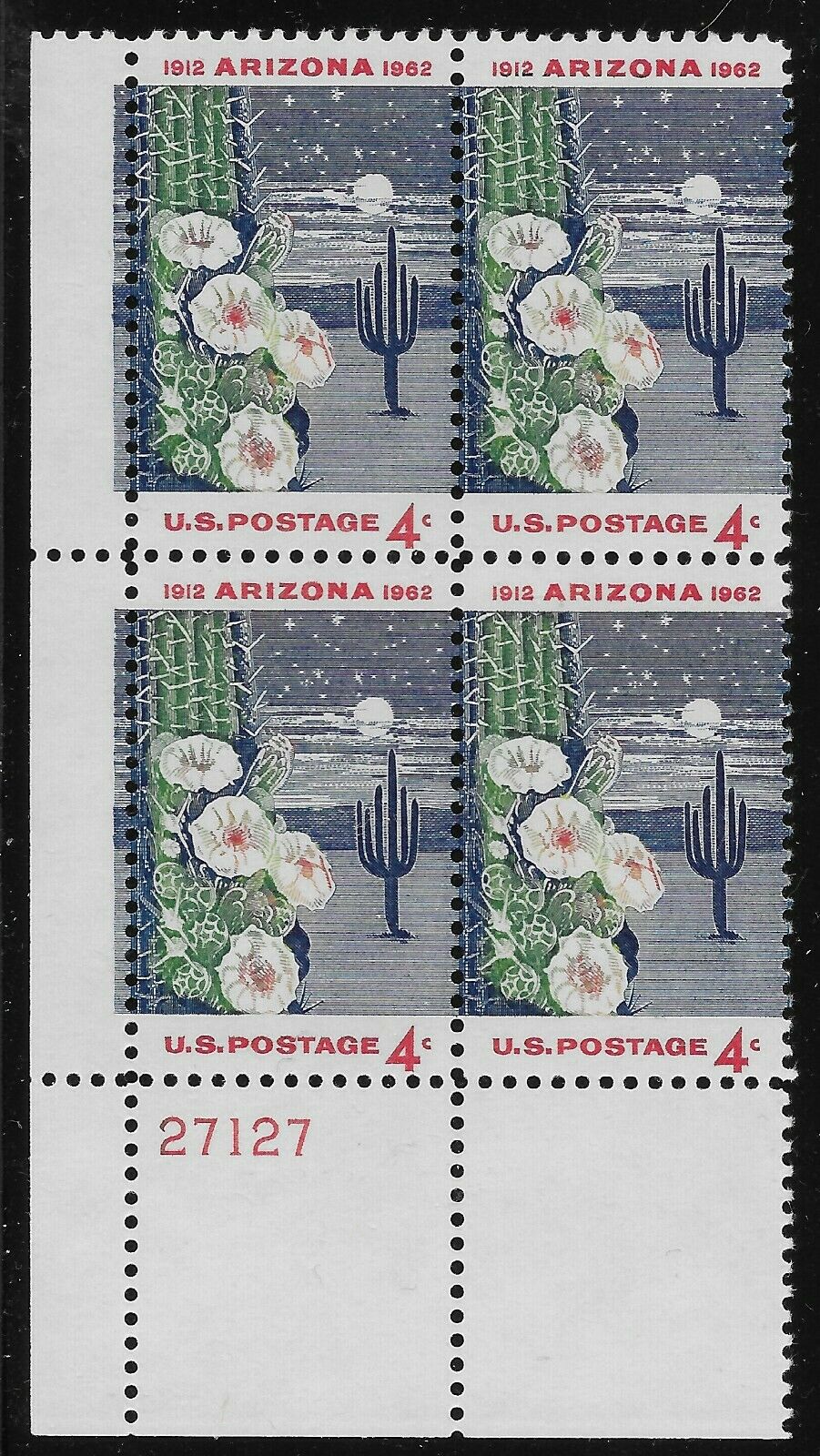 1962 Arizona Plate Block of 4 4c Postage Stamps - Scott 1192 - MNH, OG - CX496