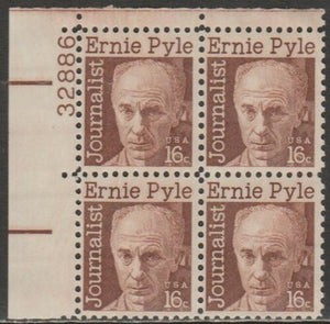 1970 Ernie Pyle Plate Block Of 4 16c Postage Stamps - MNH, OG - Sc# 1398 - CX369