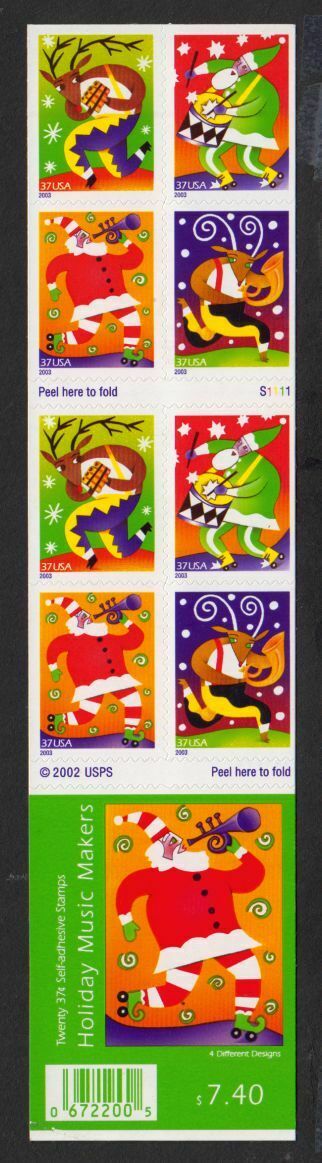 2003 Christmas Holiday Music Makers Booklet Of 20 37c US Postage Stamps - Scott 3824B - DG107