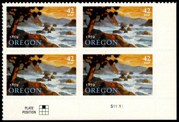 2009 USA - Oregon Statehood Anniv. Plate Block of 4 42c Postage Stamps - Sc 4376 - MNH - DM119