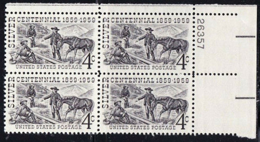 1959 Silver Centennial Plate Block of 4 4c Postage Stamps - Scott - 1130 - MNH, OG - CX686