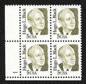 1986 Hugo L Black Plate Block of 4 5c Postage Stamps - MNH, OG - Sc# 2172