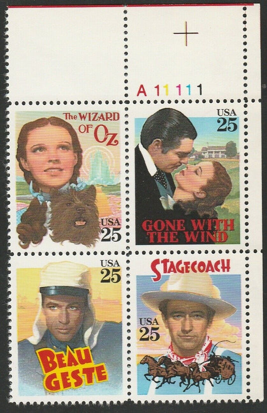 1990 USA Classic Films - Plate Blk Of 4 25c Stamps Scott2445-2448 - MNH, OG - CW222a