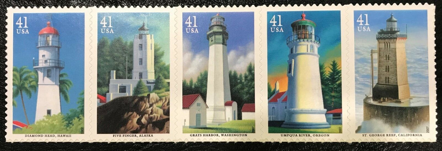 2002 Pacific Lighthouses Strip Of 5 41c Postage Stamps - MNH - Scott 4146-4150 - DR141