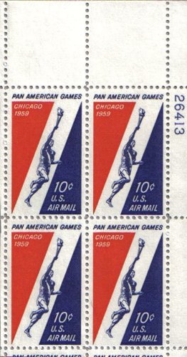 1959 PAN-AMERICAN GAMES #C56 Airmail Plate Block of 4 x 10 cents US Postage Stamps