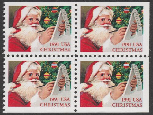 1991 Christmas Santa Booklet Pane Block of 4 29c Postage Stamps - MNH, OG - Scott 2582