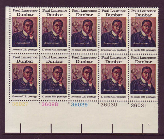 1975  Paul Dunbar Plate Block Of 10 10c Postage Stamps -  Scott1554 - MNH,OG - CW391e