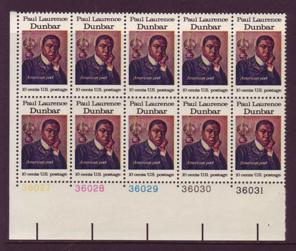 1975  Paul Dunbar Plate Block Of 10 10c Postage Stamps -  Sc#1554 - MNH,OG - CW391e
