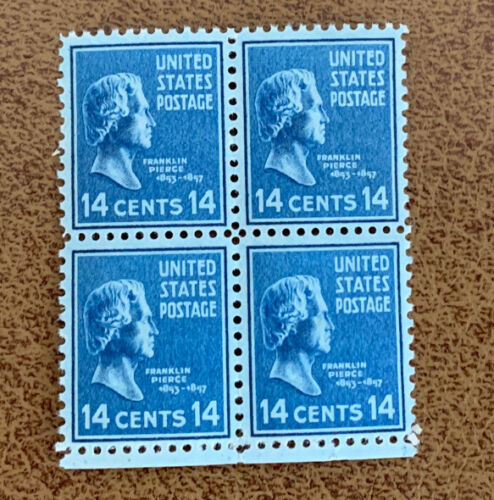 1938 President Franklin Pierce Block of 4 14c Postage Stamps - Scott 819 - MNH,OG