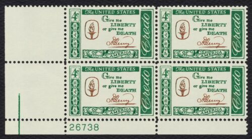 1961 Patrick Henry "Give Me Liberty..." Plate Block Of 4 4c Postage Stamps - Scott 1144 - MNH, OG - CX501